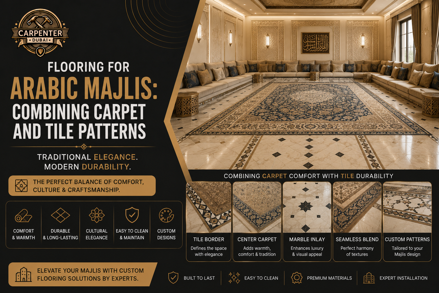 Read more about the article Flooring for Arabic Majlis: Combining Carpet and Tile Patterns