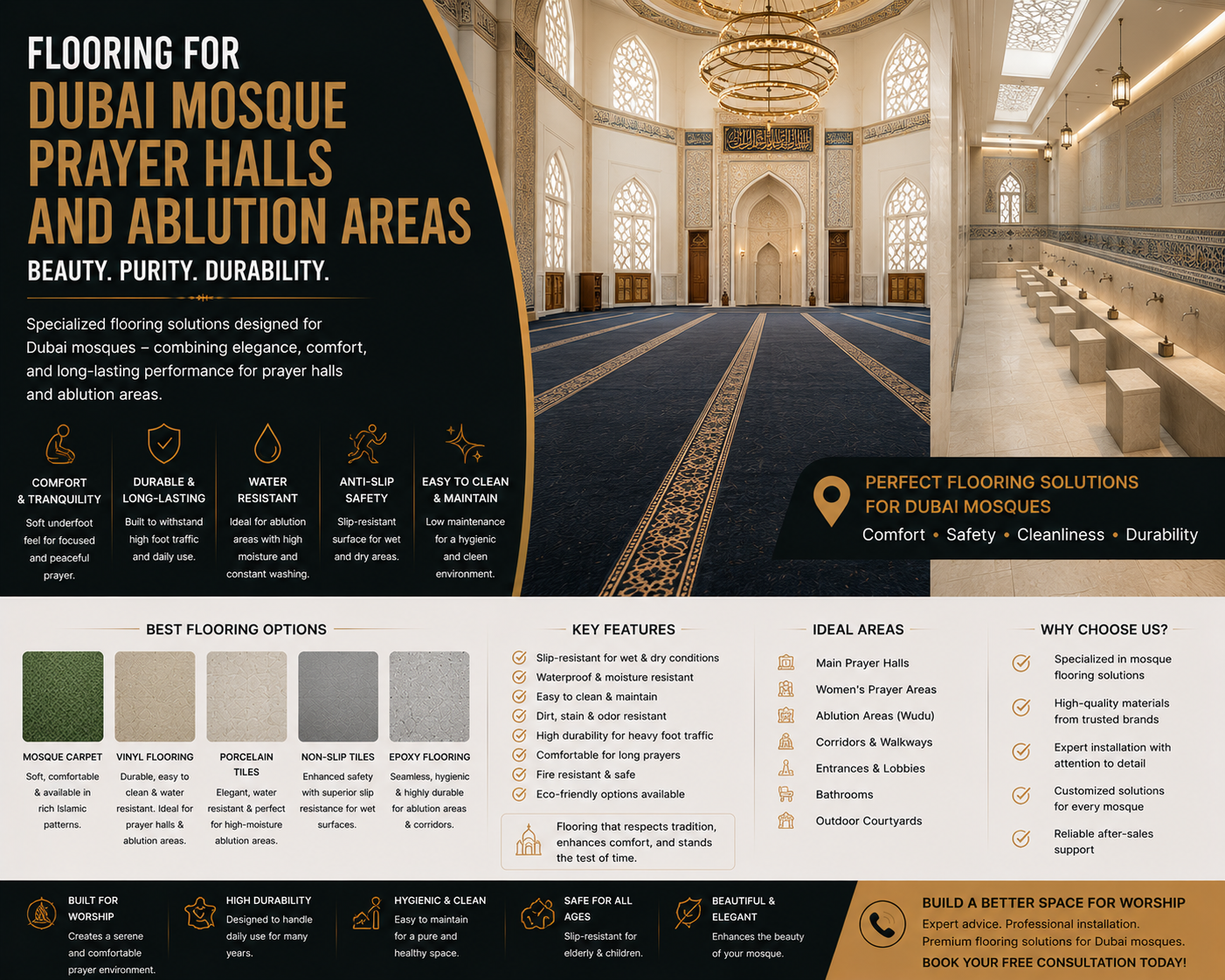 Read more about the article Flooring for Dubai Mosque Prayer Halls and Ablution Areas